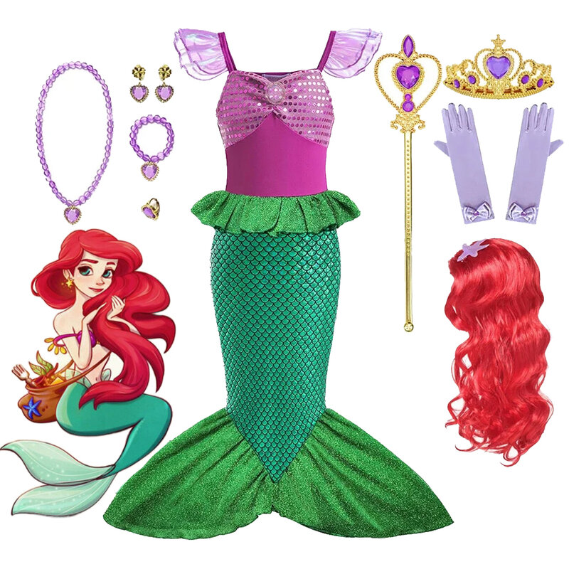 Disney-Vestidos de la princesa Ariel para niñas, disfraz de sirena pequeña, ropa de fiesta para niños, disfraz de Halloween, 2024