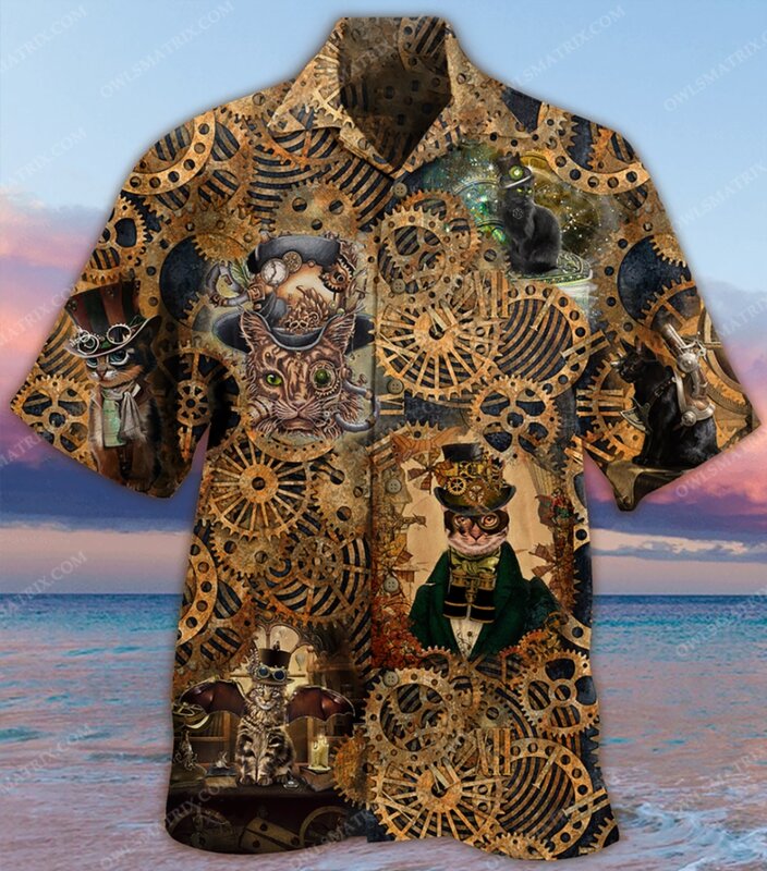 Kawaii Cat masculina e feminina camisa havaiana estampada em 3D, roupa de praia, blusa manga curta, casual menino, lapela vocacional, verão