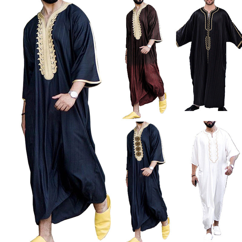 Летняя мусульманская одежда с V-образным вырезом 2024, этнический Свободный Повседневный мужской комбинезон средней длины в стиле ретро для Ближнего Востока, мусульманские комплекты
