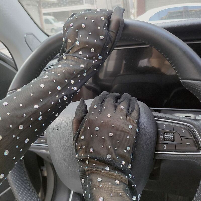 Summer Anti-UV Crystal Transparent Zircon Women Driving Gloves Long Gloves Bride Wedding Gloves Sun Protection Mittens