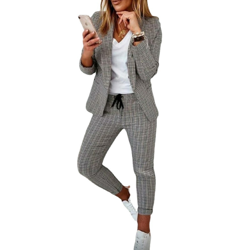 Модный женский комплект из двух предметов, осень 2023, Женский костюм с отложным воротником, Блейзер, пальто, брюки на шнурке, Женский Повседневный комплект