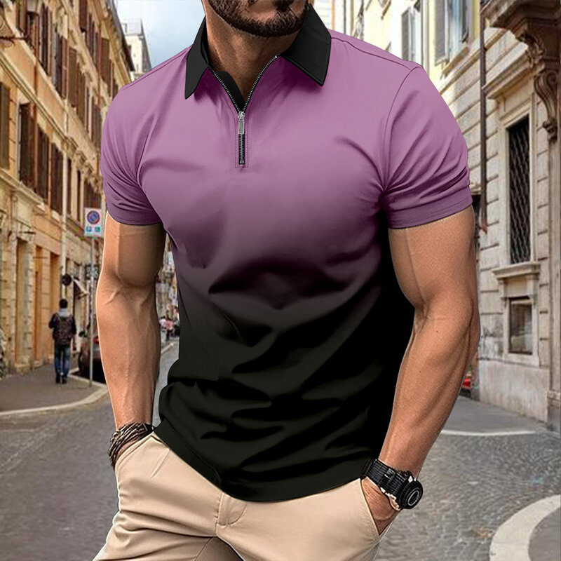 Polo de verano para hombre, camiseta de manga corta con cremallera y solapa de color degenerable, ropa informal de calle, novedad