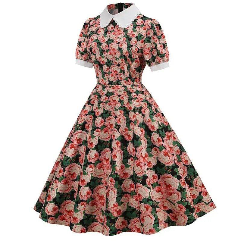 2024 New European and American Retro Summer Hepburn Flower Print Doll Neck Slim Waist Slim Bubble Sleeve Dress