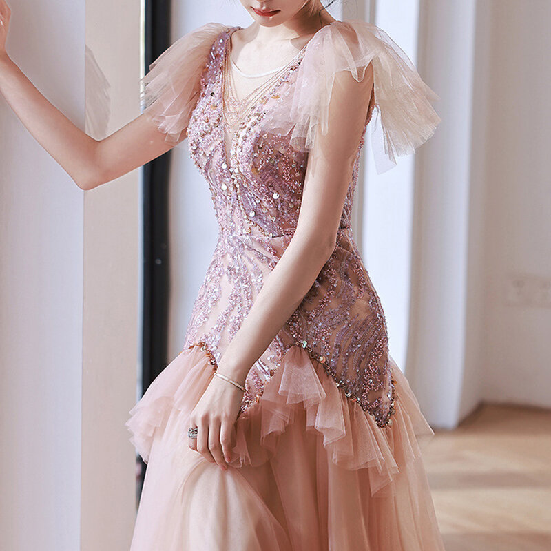 핑크 여름 새 드레스 기질은 흰색과 얇은 깊은 V 가벼운 거즈 프릴 소매 드레스, 로맨틱하고 달콤한 스타일