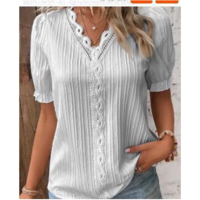 Blusa elegante de encaje para verano, Camisa lisa de manga corta con agujeros, Top de oficina para mujer, S-5XL, 2023