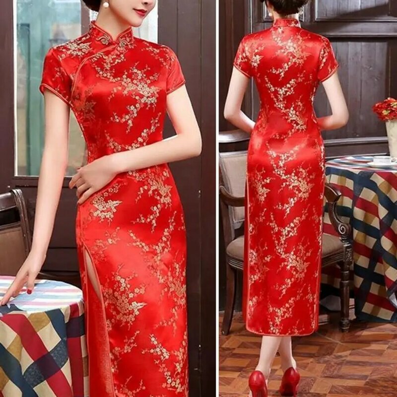 Gaun Cheongsam gaya Retro elegan, gaun bordir bunga gaya nasional Tiongkok dengan kerah berdiri terpisah sisi tinggi untuk musim panas