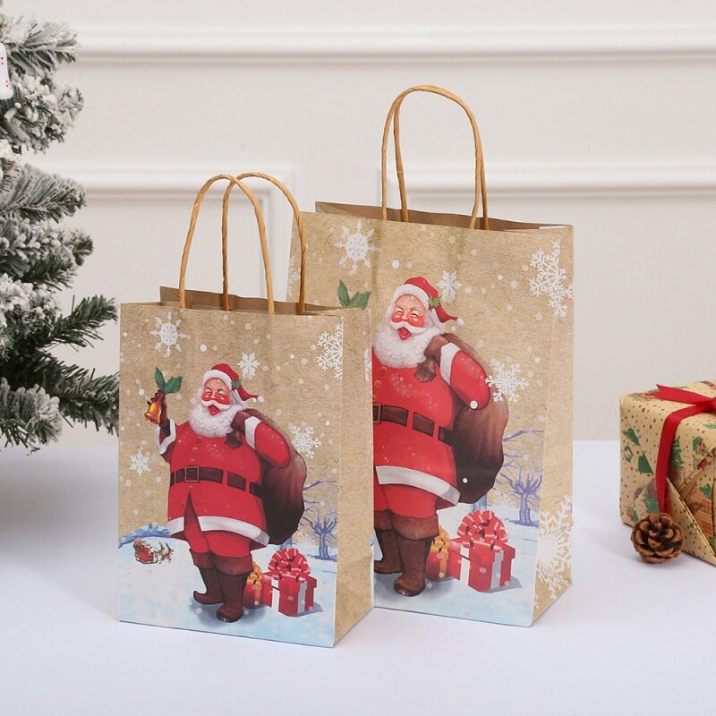 Tas hadiah Natal 4 gaya tas kertas Kraft tas manusia salju Sinterklas pesta Natal permen kue hadiah tas Selamat Natal