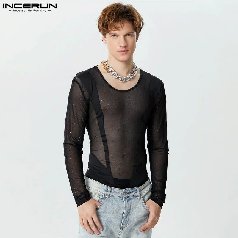 INCERUN 2024 Sexy Men's Jumpsuit Personality Sparkling Mesh Splicing Design Rompers Casual Triangle Long Sleeved Bodysuits S-3XL
