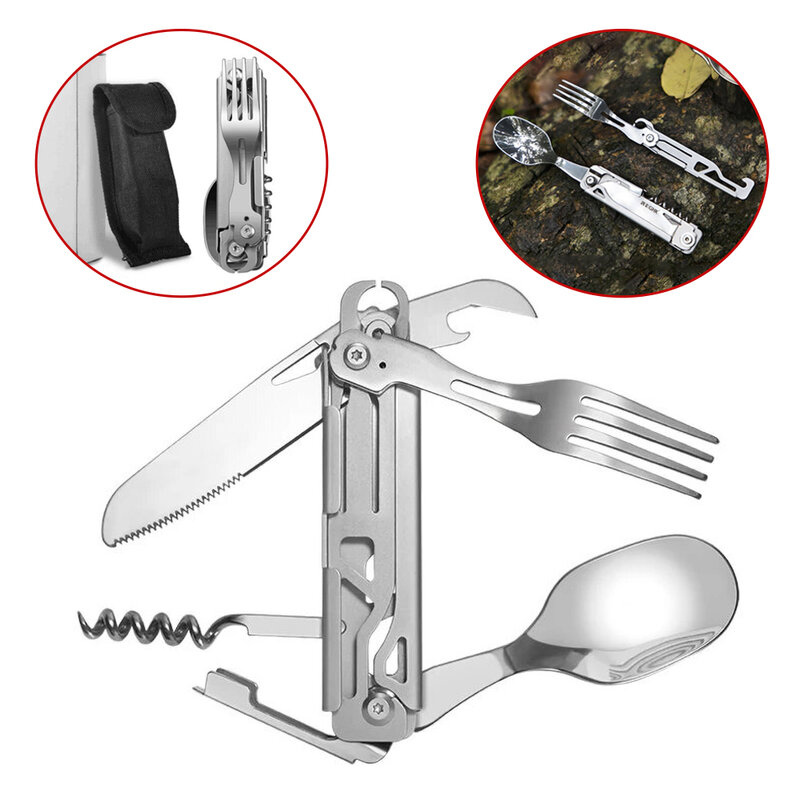 Coltello da tasca multiuso in acciaio inossidabile forchetta pieghevole cucchiaio 6-in-1 utensili da esterno stoviglie da campeggio posate portatili apriscatole