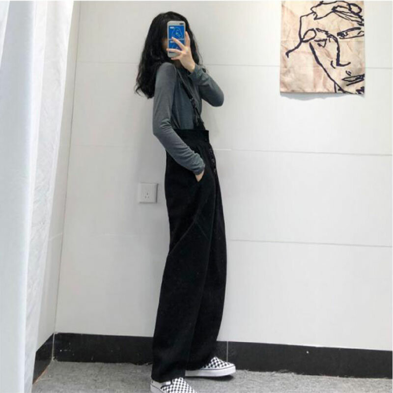 Straight Mopping Fall Korean Style Button One-shoulder Adjustable Wide Leg Trousers All-match Students Overalls Women Jumpsuits
