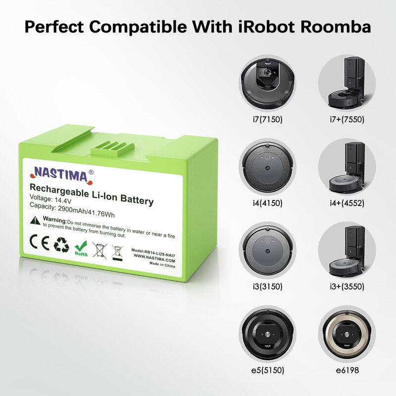 Batterie de rechange pour iRobot Roomba e et i Series, i7 + e5 14.4 2900 i3 7150 i3 + 7550 i4 3150 i4 + 3550, 4150 V, 4624864 mAh