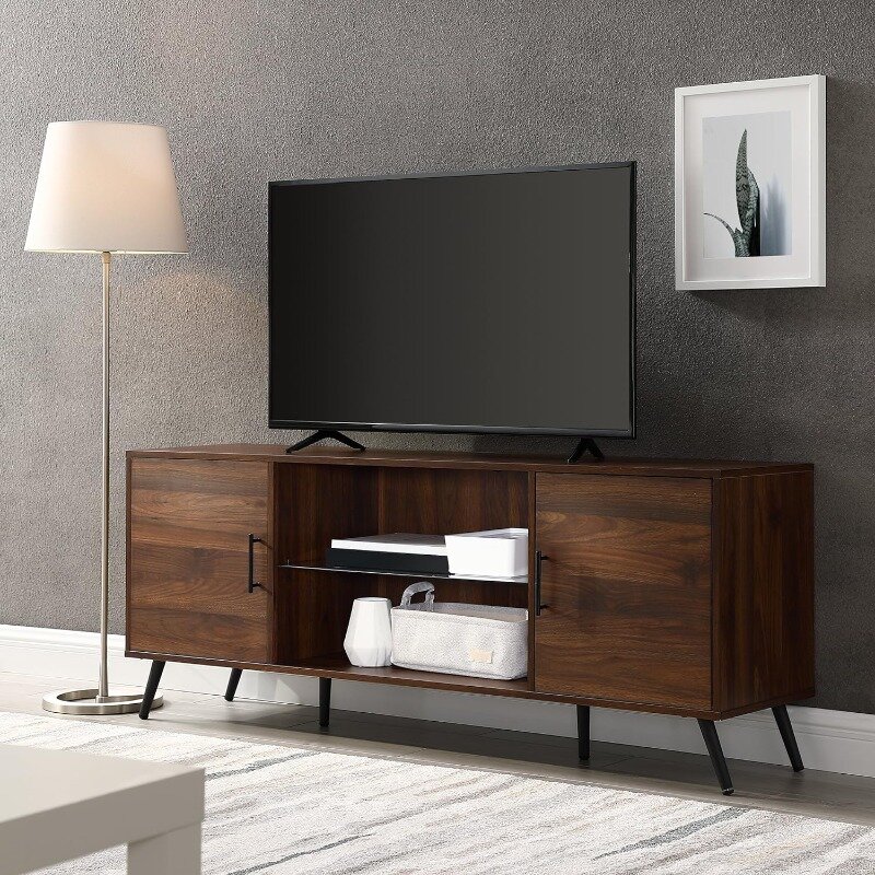 Saxon-Prateleira de vidro moderna, TV Stand para TVs de até 65 polegadas, 60 polegadas, bétula