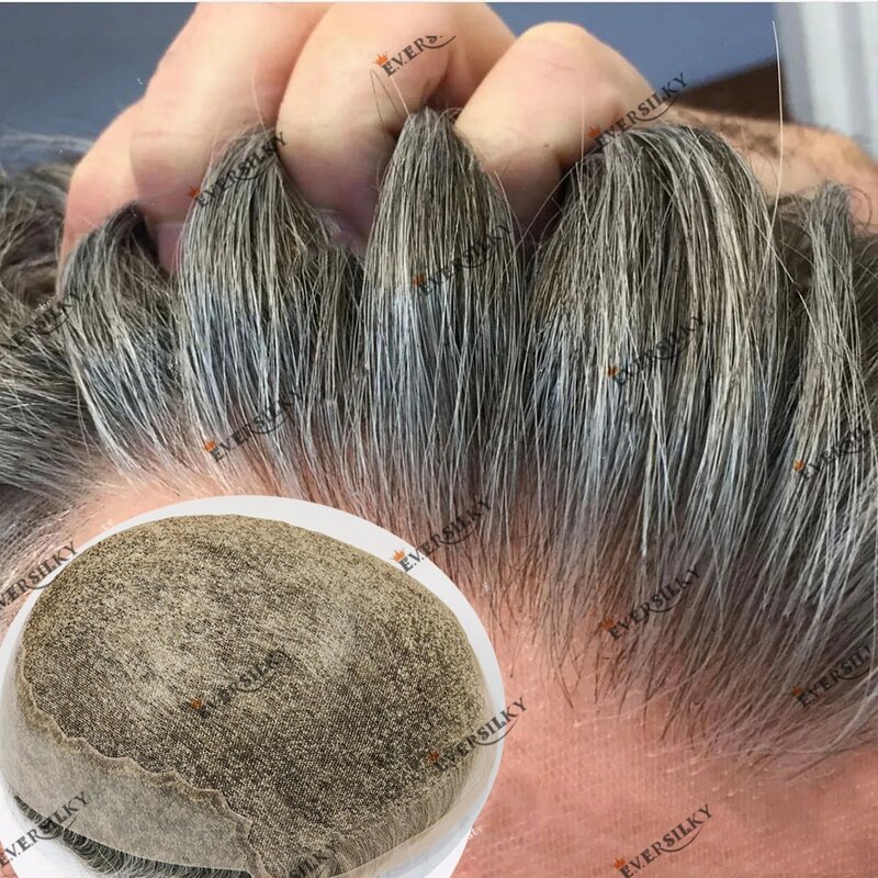 Q6 rambut manusia renda Swiss simpul pemutih pria rambut palsu alami garis rambut palsu sistem pengganti rambut kapiler sistem rambut abu-abu