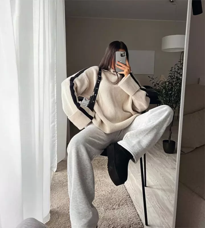 Fashion Patchwork Turtleneck Sweaters For Women Loose Long Sleeve Knitted Top Pullovers 2023 Autumn Female Elegant Chic Knitwear