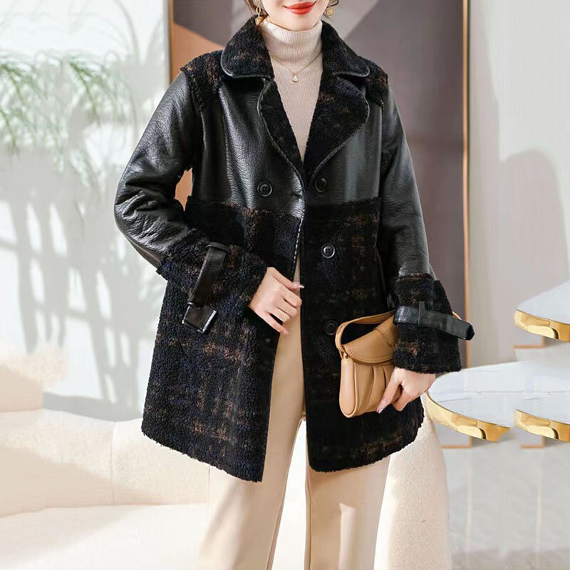Jaqueta de couro PU feminina, casaco espesso de lã, gola longa, trincheiras de pele, terno feminino, quente, outono, inverno, 5XL, novo