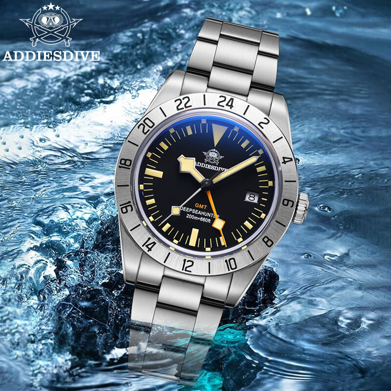 ADDIESDIVE nowe męskie zegarki GMT zegarek 39mm Bubble lusterko ze stali nierdzewnej 200m wodoodporny zegarek kwarcowy dla mężczyzn Reloj Hombre