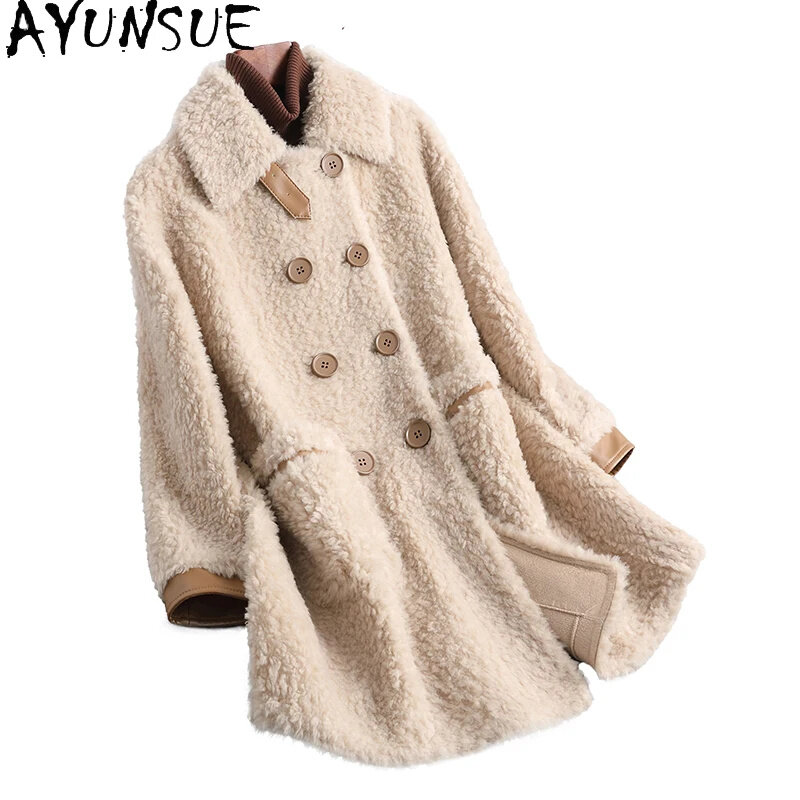 AYUNSUE-Casaco de lã feminino, jaqueta granular tosquia de ovelha, roupas de comprimento médio, gola em pé, inverno e outono, 100%