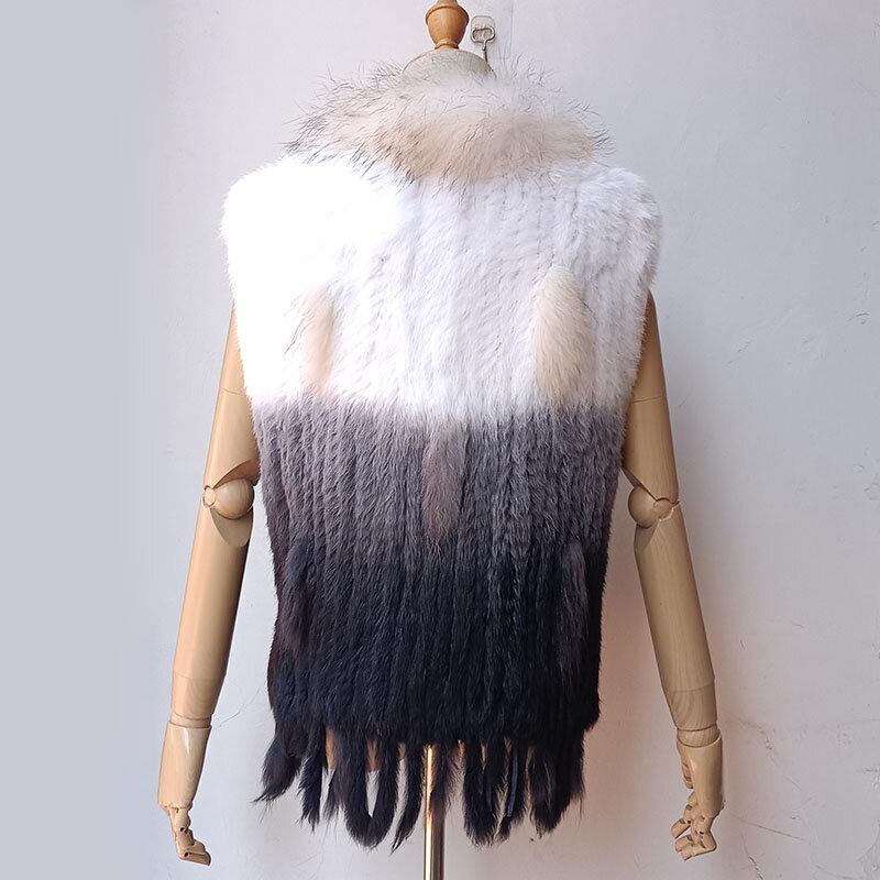 2023 Women New Winter Knitted Real Rabbit Fur Vest With Raccoon Fur Collar Degree Casual Warm Genuine Fur Gilet With Tassel