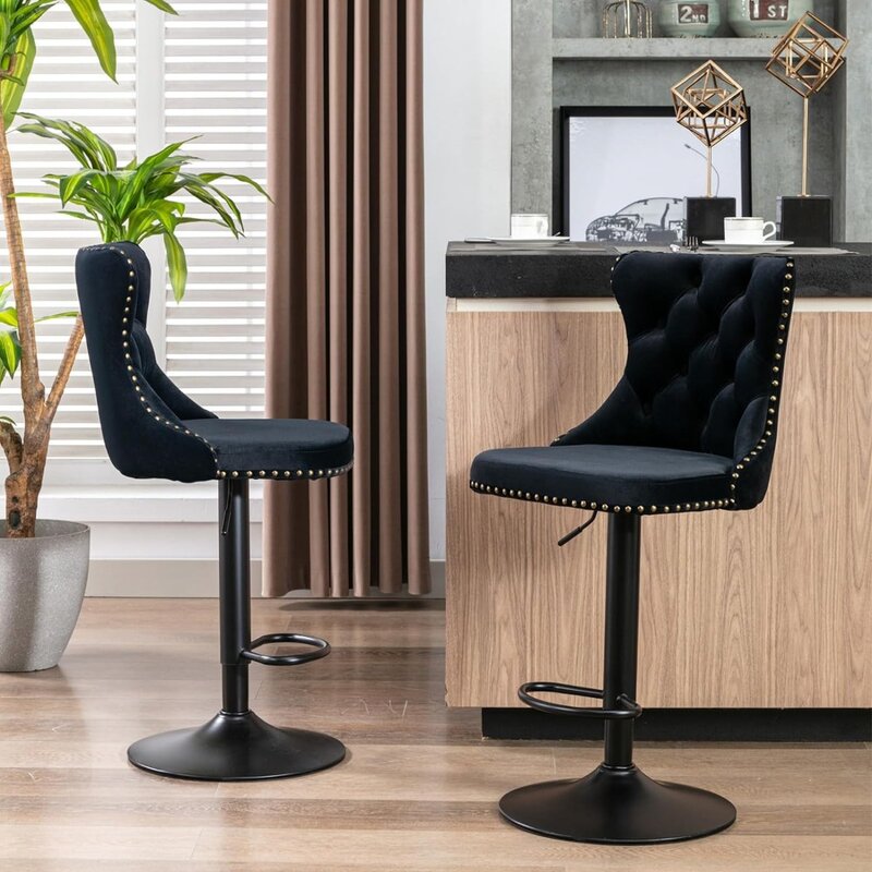 Stool Set of 2 Wine Refrigerator Velvet Counter Height Barstools Adjustable Seat Cafe Button Tufted Swivel Bar Chairs Black Base