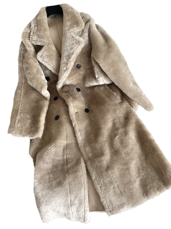 Manteau long en fourrure à revers, coupe ample, design à double boutonnage, chaud et confortable, hiver 2023, nouveau, 1103