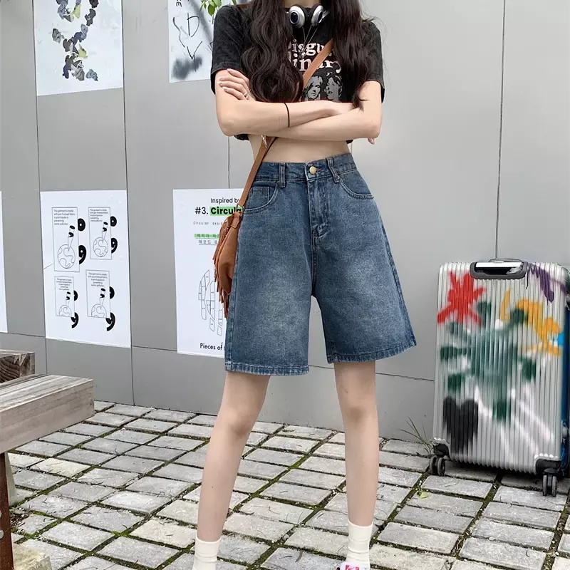 Y 2K Baggy Shorts Broek Vrouwen Zomer Vintage Blauwe Wijde Pijpen Denim Korte Koreaanse Mode Casual Dames Knielengte Jeans Mujer
