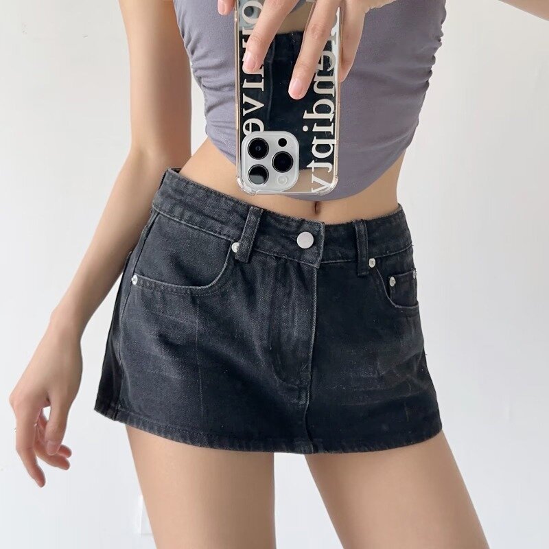 HOUZHOU Y2k Denim Mini Skirt for Women Summer 2024 Sexy Vintage Low Waist Slim Micro Jeans Skirt Korean Style Skort Streetwear