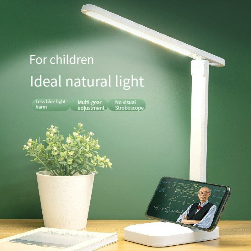 Lampu meja LED sentuh putih, lampu meja lipat untuk samping tempat tidur, lampu belajar, perawatan mata, lampu malam colokan USB dapat diredupkan, lampu meja putih