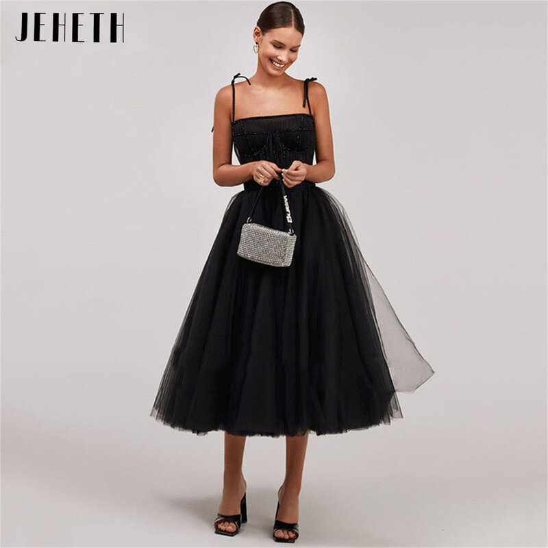 JEHETH Black Tulle Beaded Midi Prom Dresses Spaghetti Straps Tea-Length Pleats A-Line Formal Evening Party Gowns Robes De Soirée
