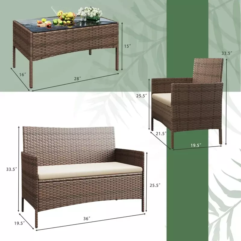 Уличный диван в комплекте из 4 предметов с мягкой подушкой и Стеклянным Столом, мебель для патио, набор для разговора из 4 предметов, наружная искусственная кожа