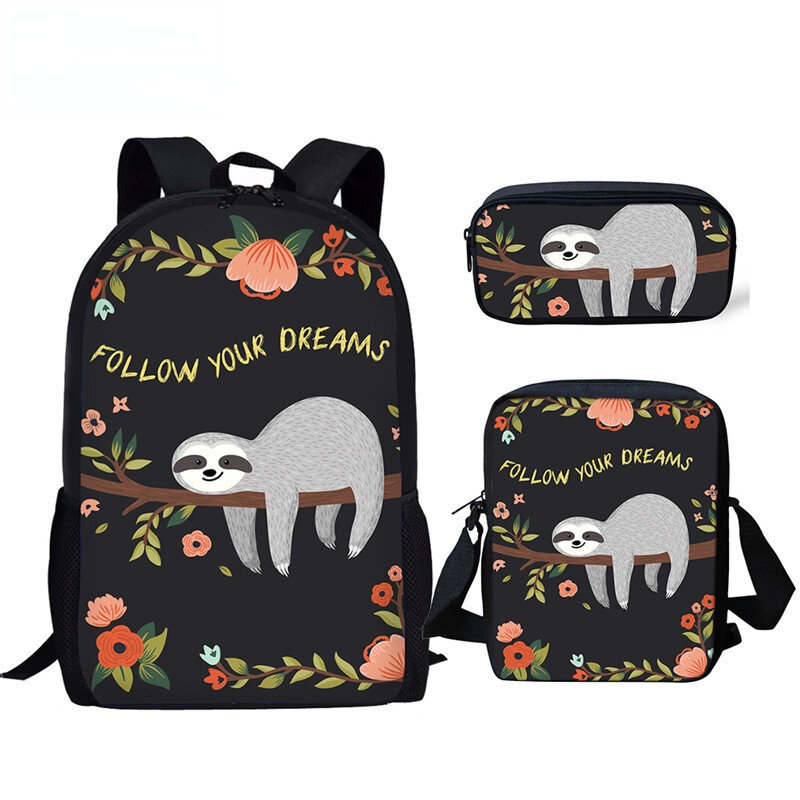 Cute Cartoon Sloth Backpack para crianças, meninos e meninas Casual School Bag, Lunch Bag, Pencil Bag, Teenager Travel Backpack, 3pcs por conjunto