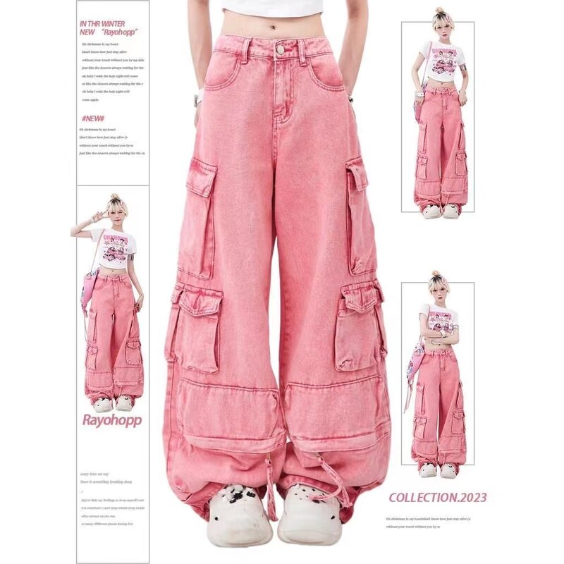 Jeans de trabalho reto multi-bolso rosa criativo americano para mulheres, dopamina Y2K, high street goth, moda verão