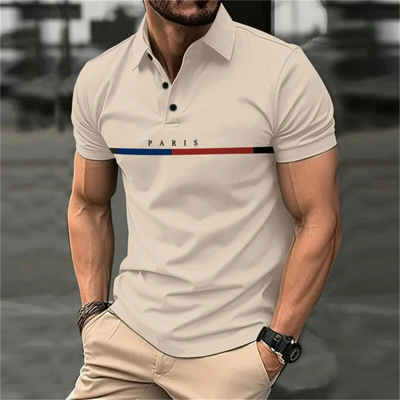 Camisa polo manga curta listrada masculina, lapela de botão, roupa de negócios respirável, moda casual, nova, verão