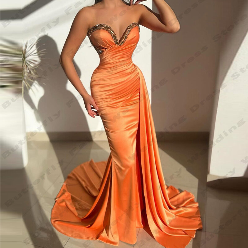Gaun malam wanita oranye gaun pesta dansa Cocktail selebriti mode Off Shoulder tanpa lengan seksi Satin gaun pesta dansa