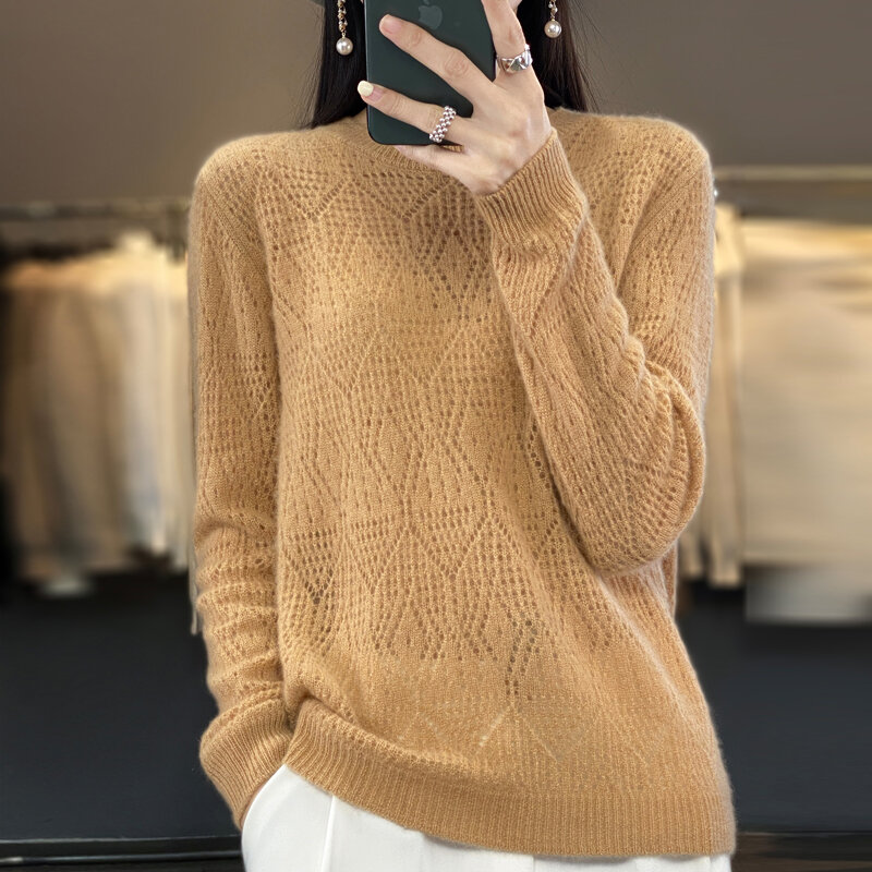 Sweter wol rajut wanita, atasan longgar trendi leher bulat rendah, warna Solid tipis berlubang musim semi musim gugur 100