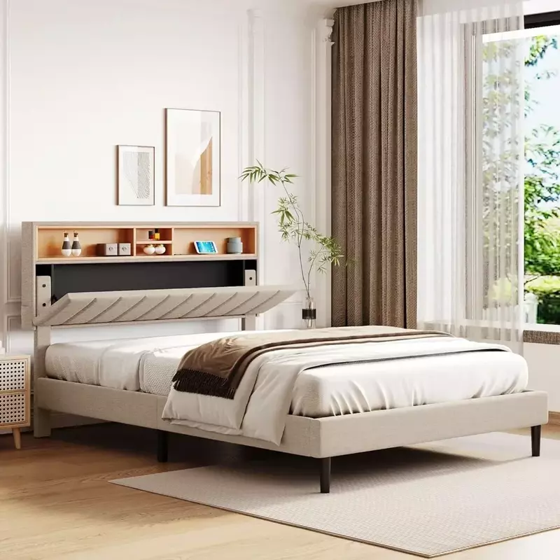 Muebles de dormitorio con marco de cama, cabecero ajustable con almacenamiento y puertos USB, completo, gris, plataforma tapizada moderna, sin resorte