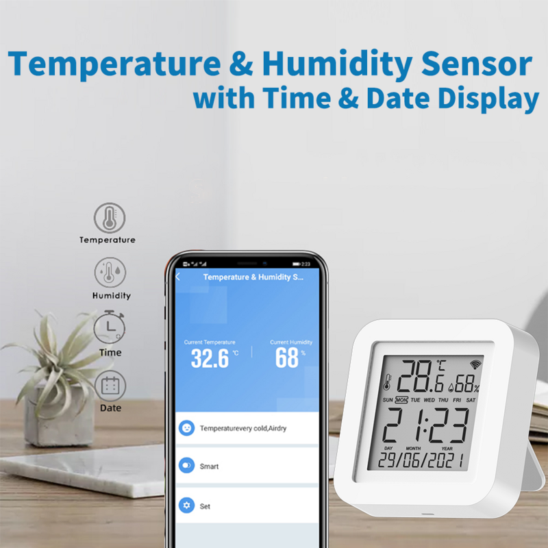 Sensor de temperatura/humedad para el hogar inteligente, higrómetro con aplicación Tuya, WIFI, compatible con asistente de Google y Alexa