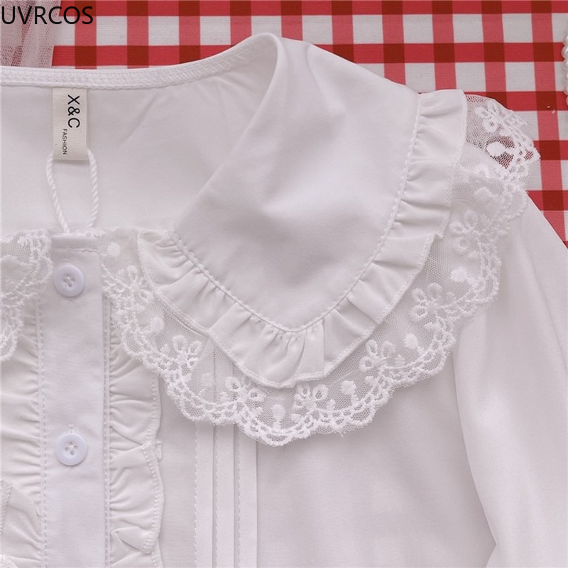 Рубашка в стиле «лолита», белая элегантная женская блузка в стиле преппи, милая кружевная блузка с круглым воротником и оборками, женская блузка с длинным рукавом