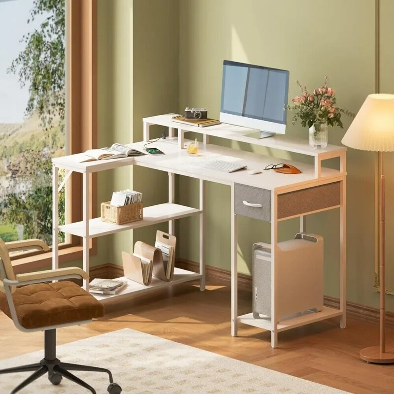 Modern minimalist metal  L Shaped Desk with LED Lights Outlets, Reversible Computer Desk with Shelves & Drawer, Desk, White