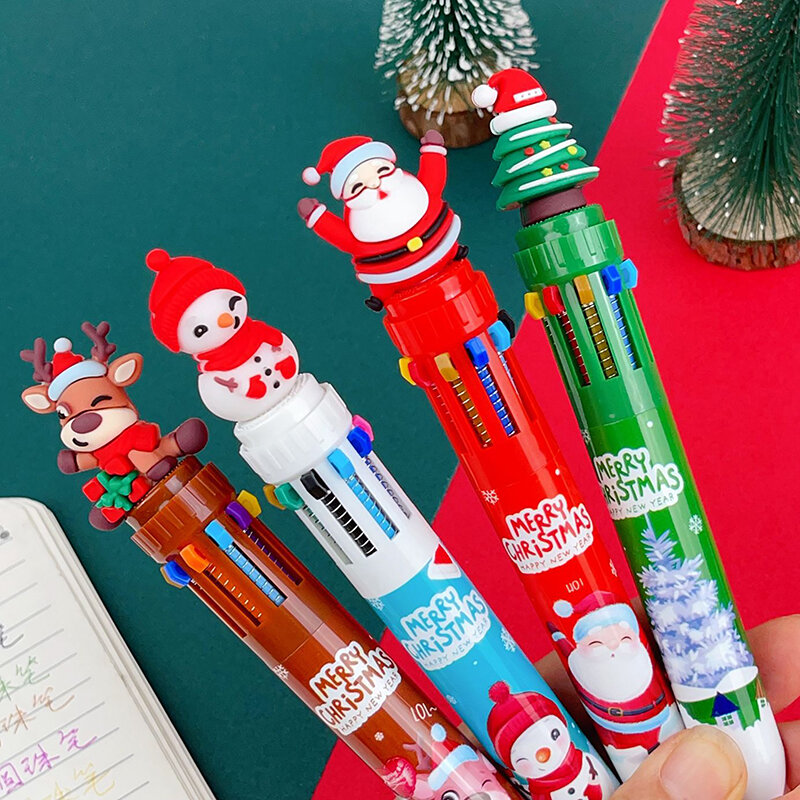 1PC Christmas 10-color Ballpoint Pen Student Press Pen Color Pen Santa Claus Ballpoint Pen 0.5mm School Stationery Kids Gifts
