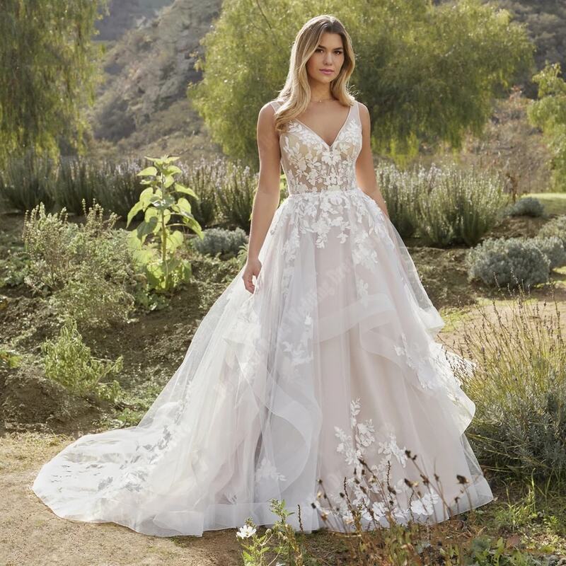 Eleganckie damskie suknie ślubne z dekoltem w serek seksowne suknie ślubne księżniczki bez rękawów i linii przepiękne koronkowe druk kwiatowy Vestido De Novia