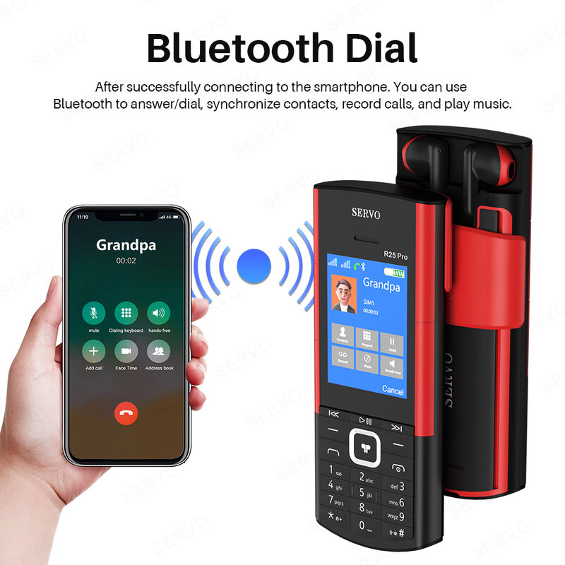 Telepon seluler tombol PRO SERVO R25 PRO, telepon seluler 2G GSM, Perekam panggilan panggilan Bluetooth, daftar hitam tampilan 2.4 ", earphone TWS bawaan