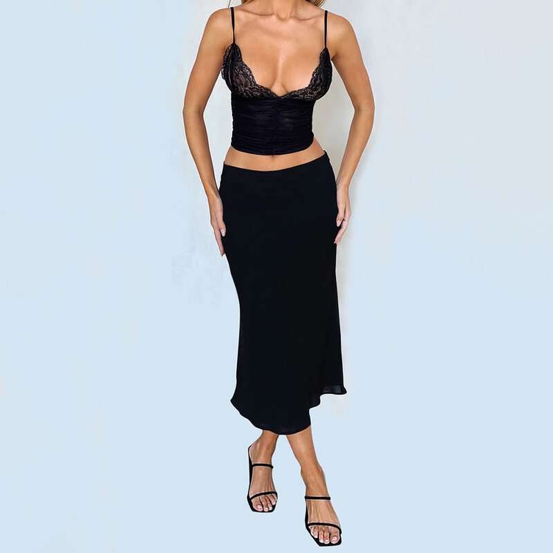 Женская Винтажная летняя юбка HEZIOWYUN, кружевная юбка с рюшами и V-образным вырезом, топы на бретелях, Юбки миди с заниженной талией, комплект из 2 предметов
