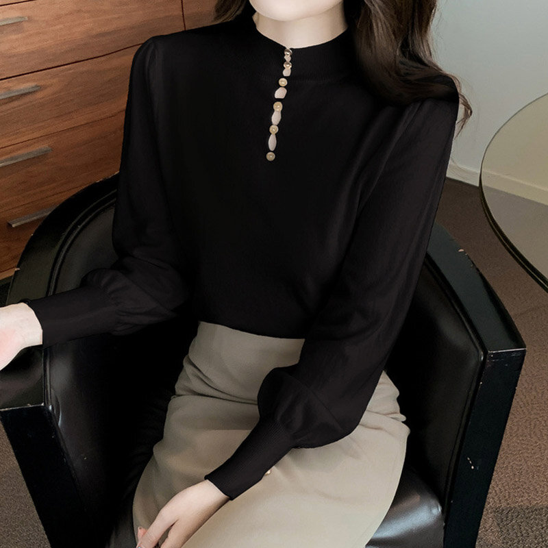 Herbst Winter halbhohen Kragen Pullover koreanische Mode Frauen reisen einkaufen hochwertige Laterne Ärmel gestrickt Hemd Top schwarz