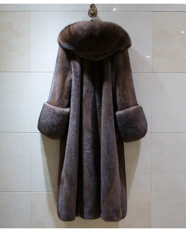 Норковое Пальто женское длинное утолщенное теплое градиентное меховое пальто с капюшоном серебристый перекрестный меховой воротник простая модная высококачественная искусственная шуба