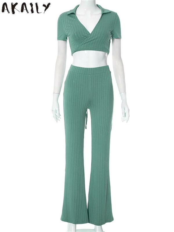 Akaily autunno sexy verde aderente Crop top pantaloni Set vacanza Casual per le donne 2023 manica corta moda 2 due pezzi pantaloni Set