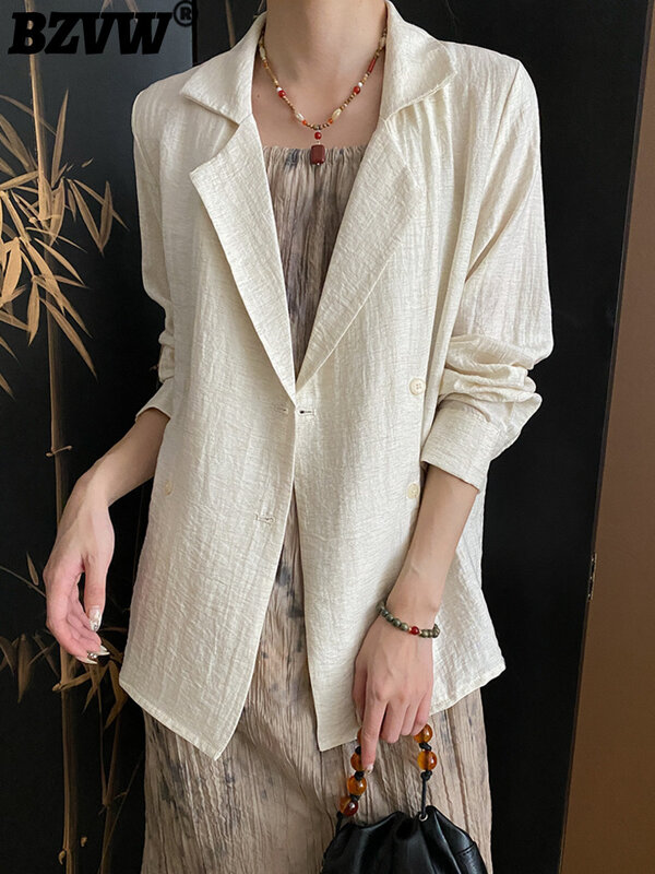 BZVW Fashion Linen Sunscreen Blazer For Women Notched Double Breasted Long Sleeve Office Lady Coats 2024 Summer New 25X4098