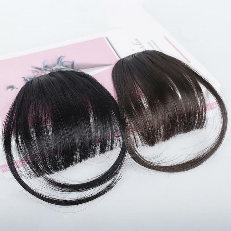 Wig rambut klip sayap poni, ekstensi rambut lembut alami Lurus Anti selip dapat digunakan kembali warna coklat gelap bertepi poni