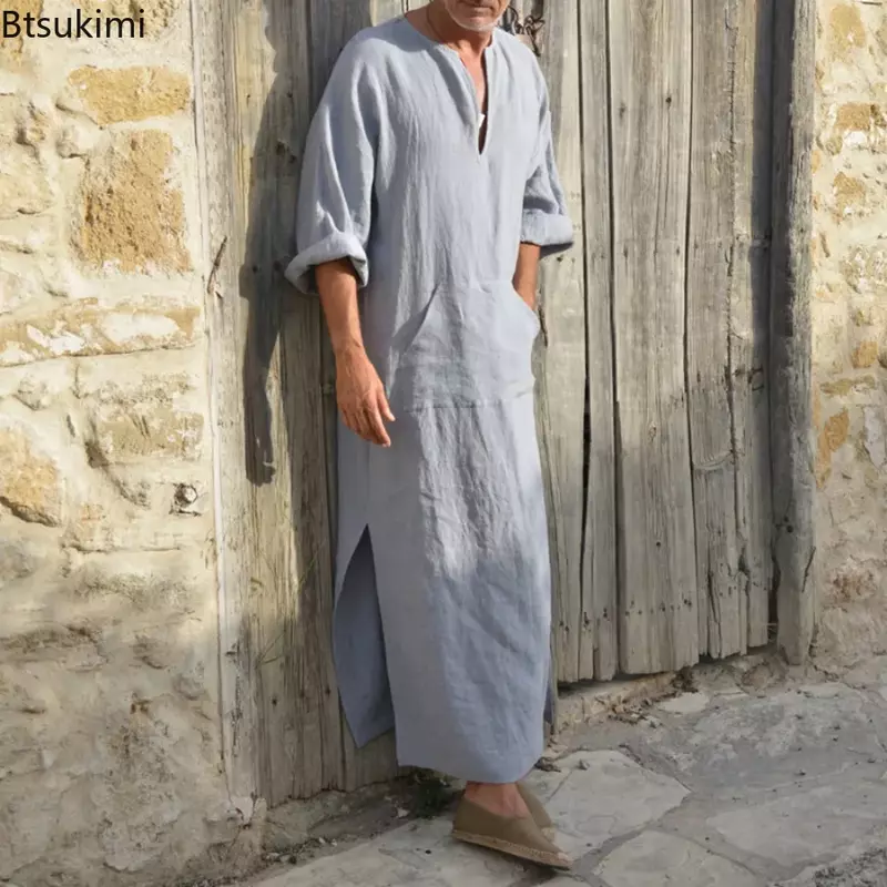 Manto muçulmano com decote em v masculino, bolsos casuais de linho algodão, manga longa solta, vestido étnico árabe vintage, vestido masculino, tamanho grande, 4XL, 5XL