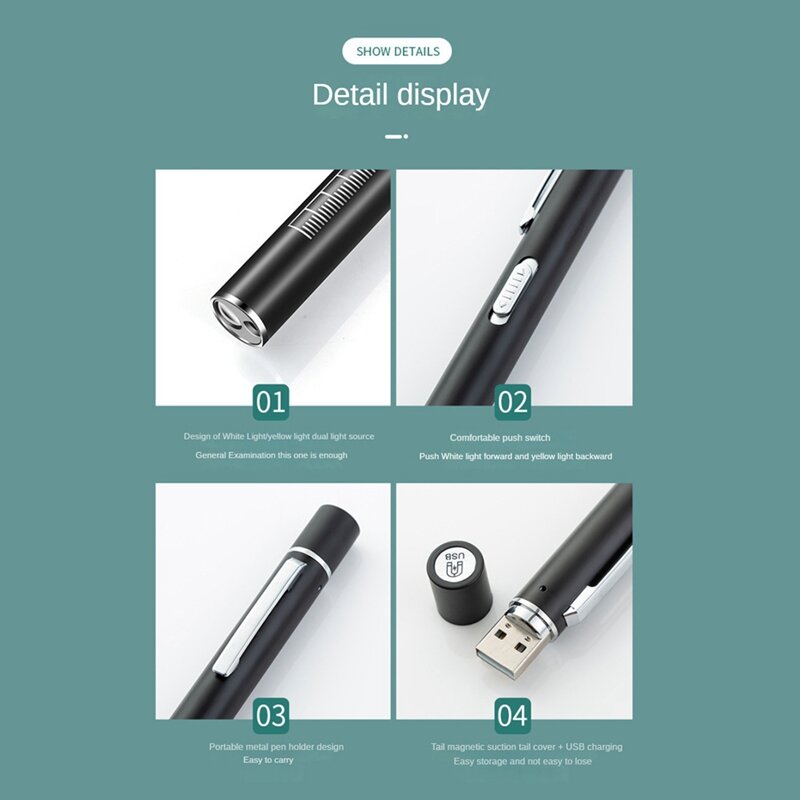 1 PCS USB Rechargeable -Handy Pen Light Black Stainless Steel Pocket Led Flashlight