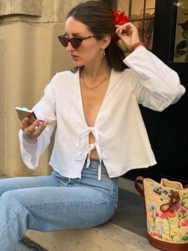 Women's Fashion V-neck Lace-up White Shirt Lady Casual Long sleeved Loose Tops 2024 Spring Female Chic Office Ladies Blouses